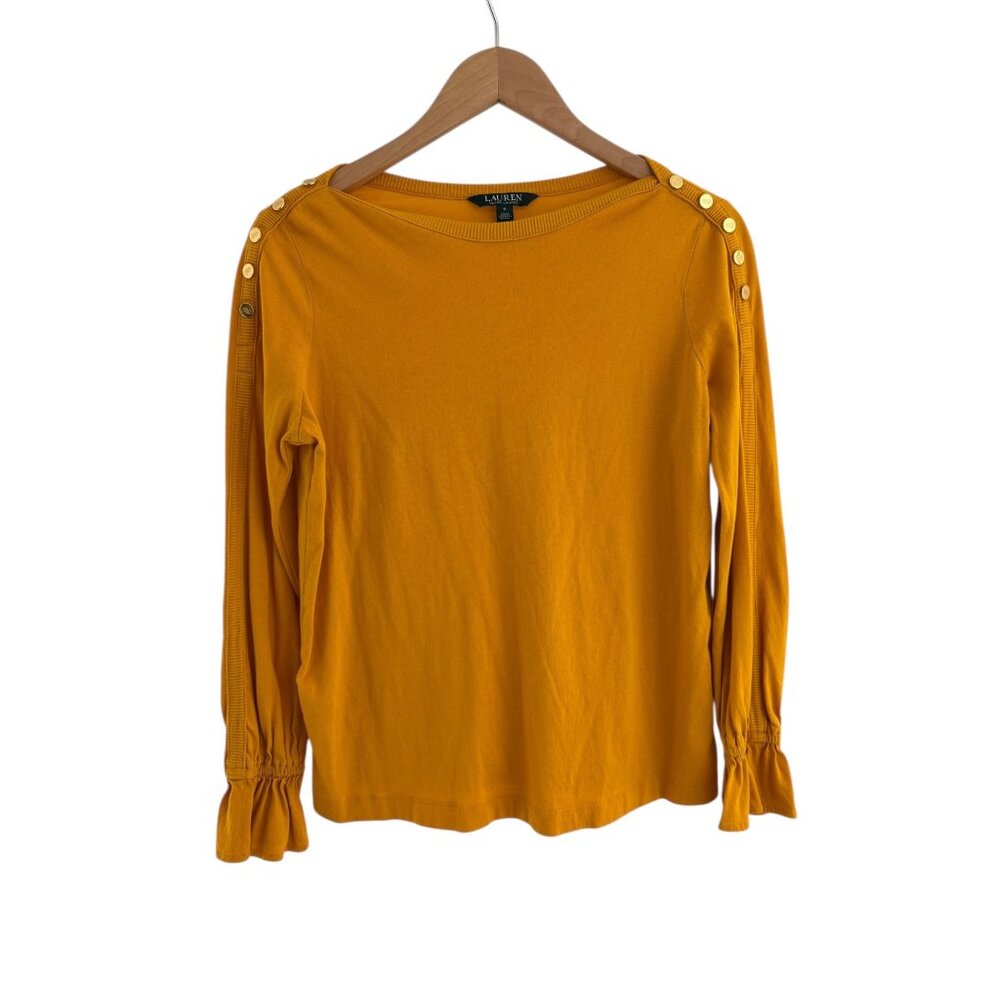 Ralph Lauren Gold Mustard Yellow Ruffle Long Sleeve Knit Top Shirt Blouse Size S